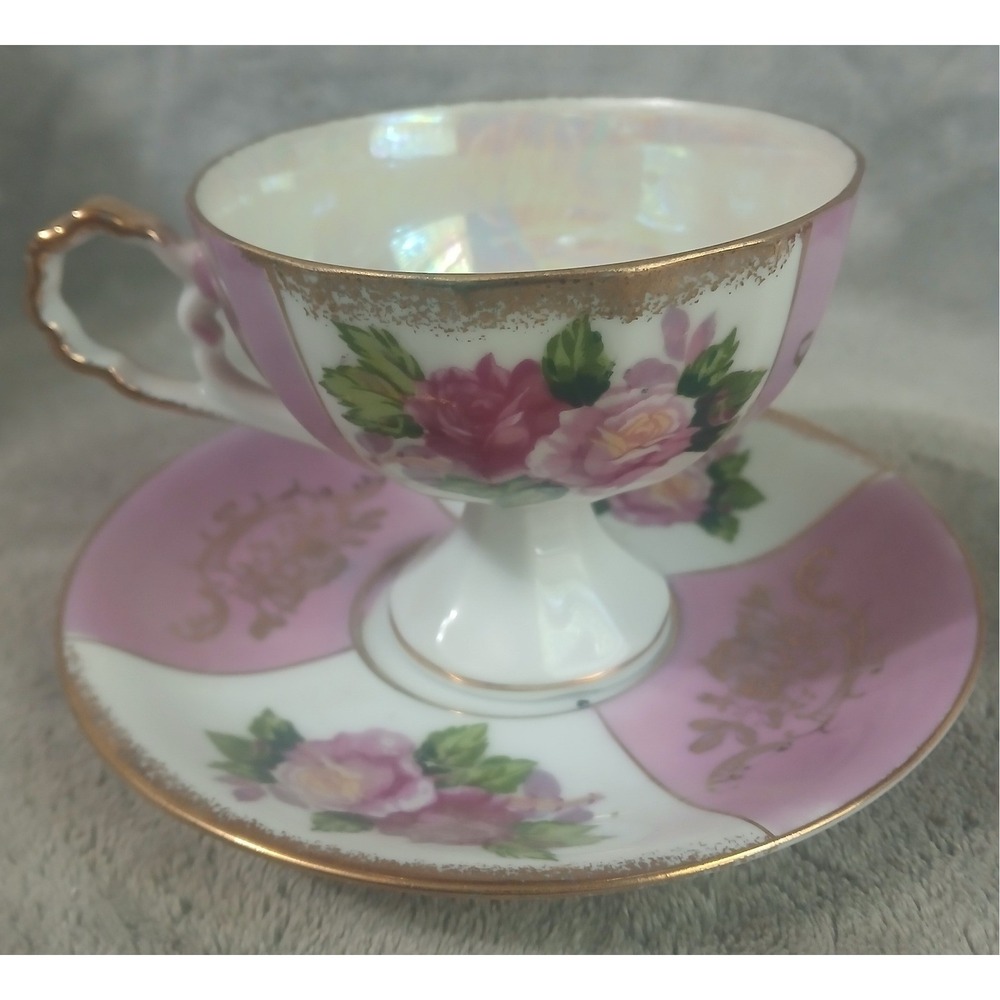 Vtg Rossini Japan Pink Rose Lusterware Footed Teacup Saucer Roses Gold Filigree